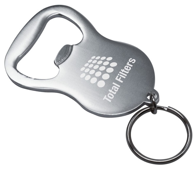 A drink bottle opener in silver, featuring a keyring attachment and a logo.