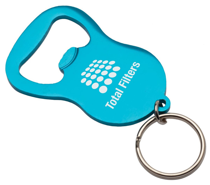 A drink bottle opener keyring in bright blue featuring a metal keyring attachment and a logo.