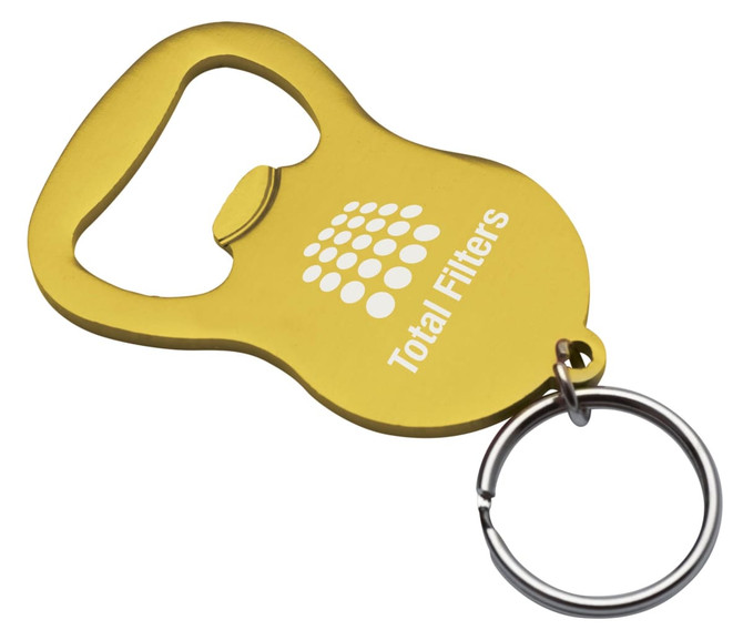 A drink bottle opener keyring in yellow with a circular keyring attachment and a logo.