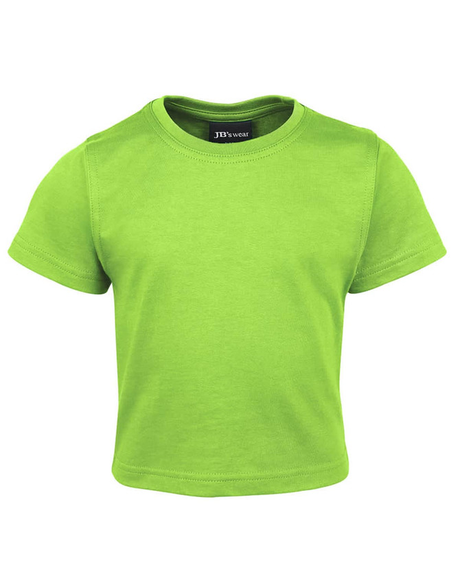 A lime green infant t-shirt with short sleeves and a round neckline, featuring a brand logo on the inside.
