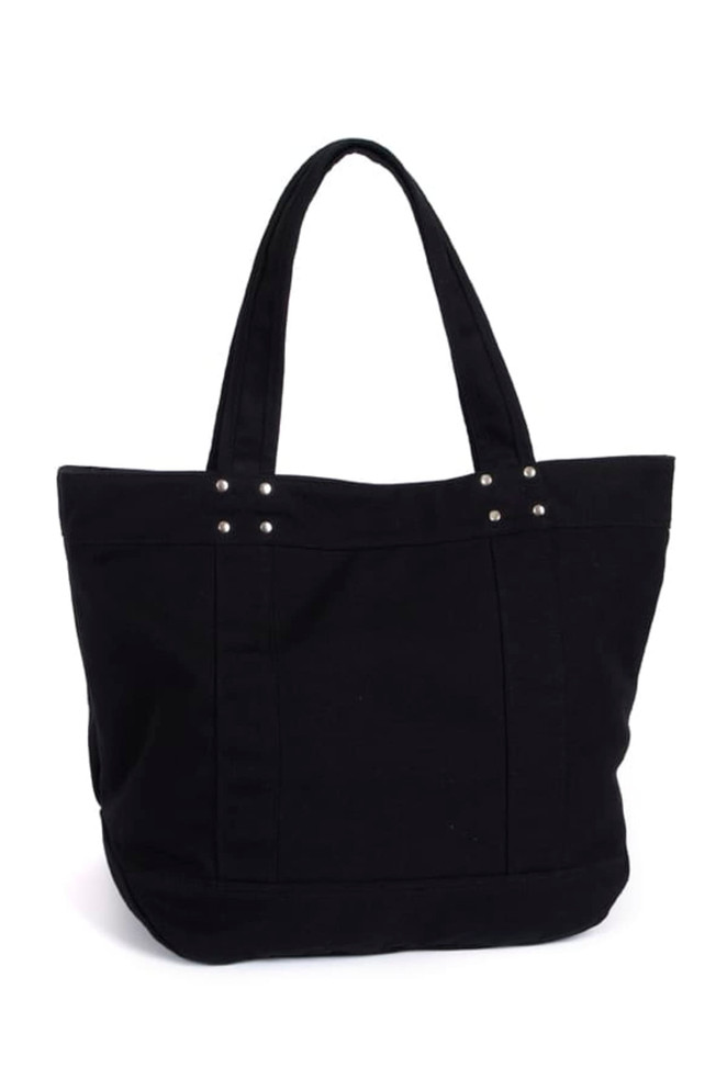 A black tote bag with decorative studs and two sturdy handles, featuring a spacious design.