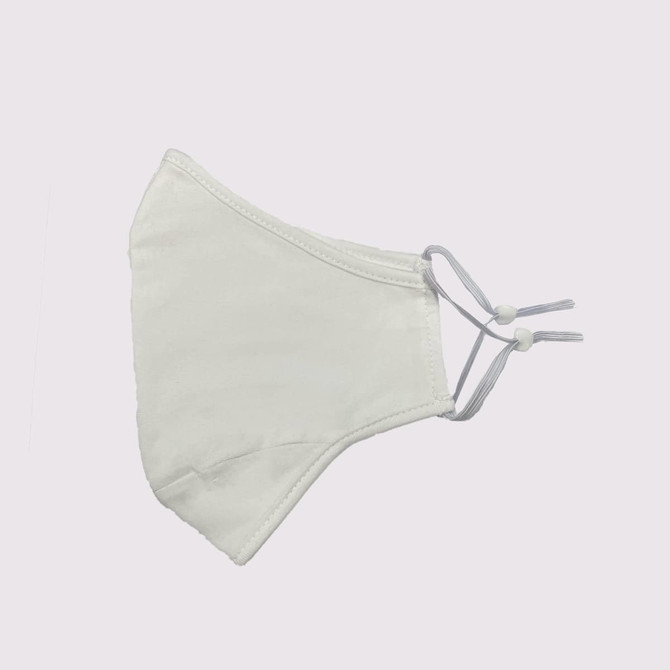 A white, adjustable cotton face mask with toggle features is displayed. It has a simple, minimalistic design.