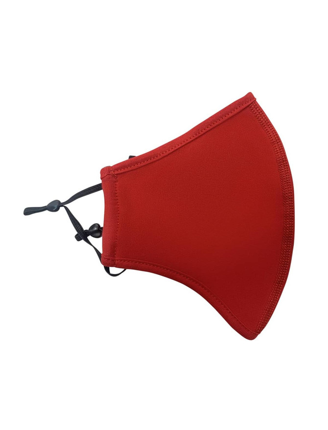 A red cotton face mask with an adjustable toggle and middle seam, featuring one logo.