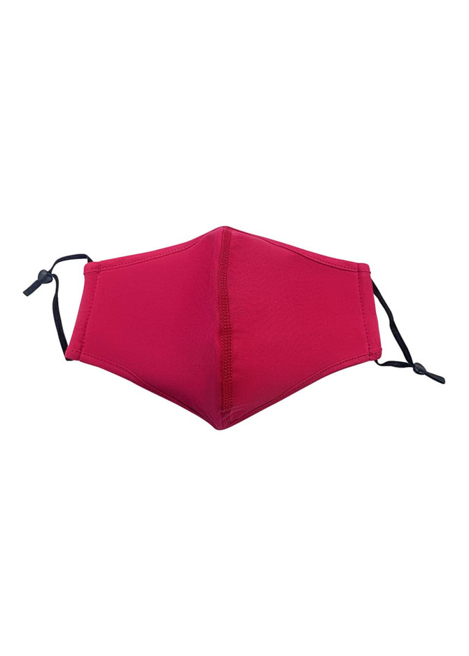 A red cotton face mask with a middle seam and adjustable toggles on each side, featuring a logo.