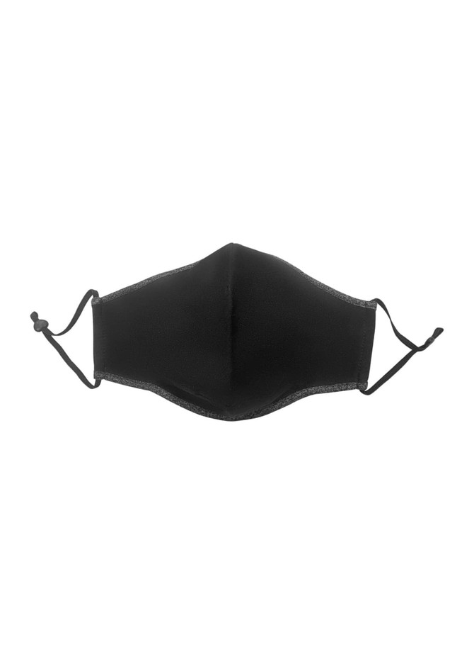 A black cotton face mask with adjustable toggles, designed for comfortable wear. Features a simple design with a logo.