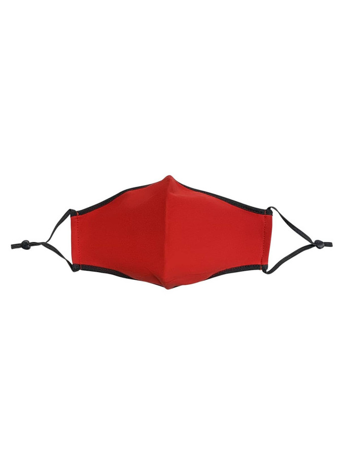 A red cotton face mask with adjustable black toggle straps and a logo.