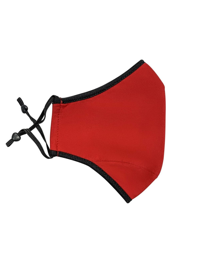A red one-piece cotton face mask with adjustable toggle and black trim. Features a logo.
