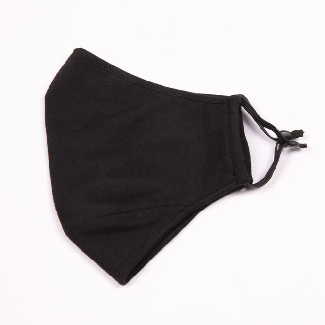 A black adult three-layer face mask with an adjustable toggle for a secure fit. Features a simple design.