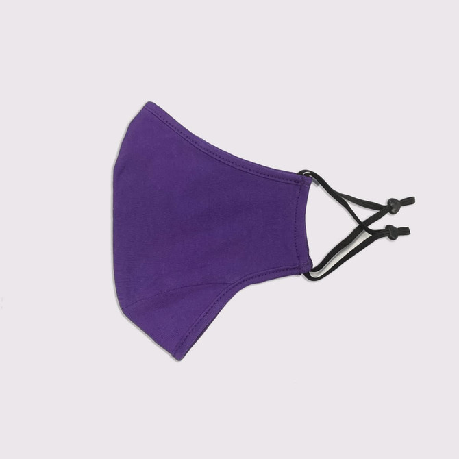 A purple adult face mask with adjustable toggles, featuring three layers for added protection.