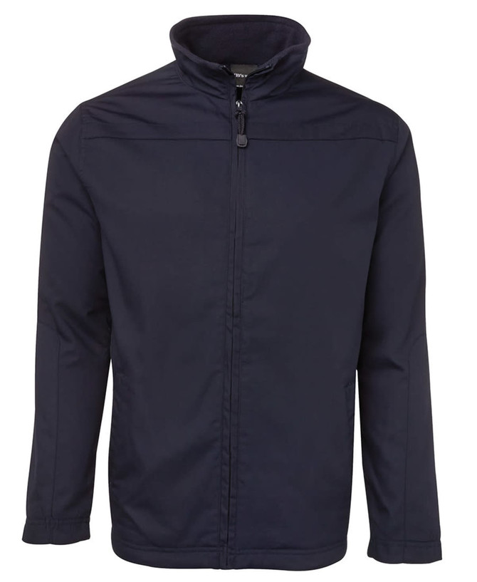 A black jacket with a zip front, stand-up collar, and long sleeves. Features a logo on the chest.