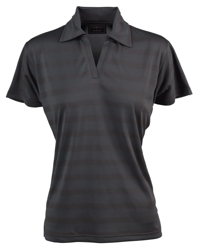 A dark grey polo shirt with a striped pattern and a collar, featuring a logo on the chest.