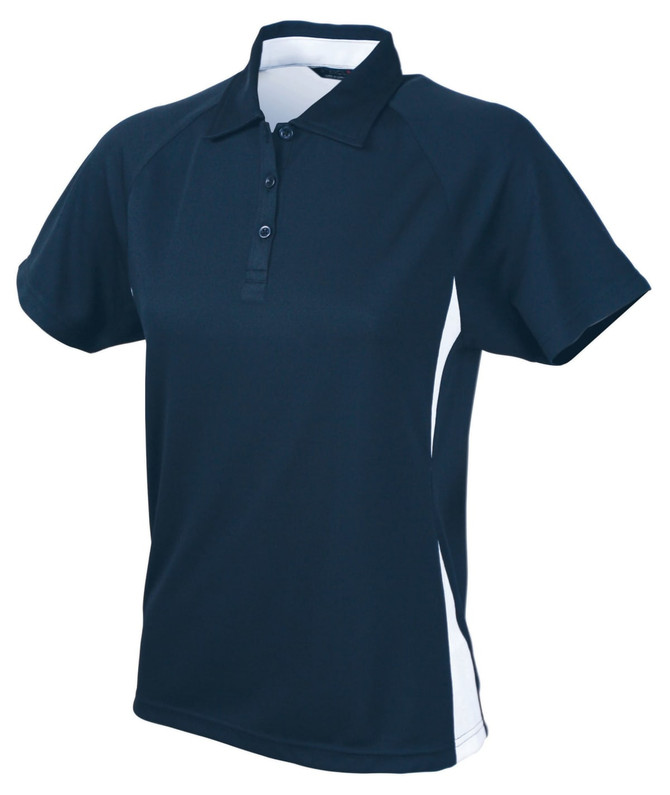 A navy blue ladies' polo shirt with white accents and a logo on the chest. It features a collar and button placket.