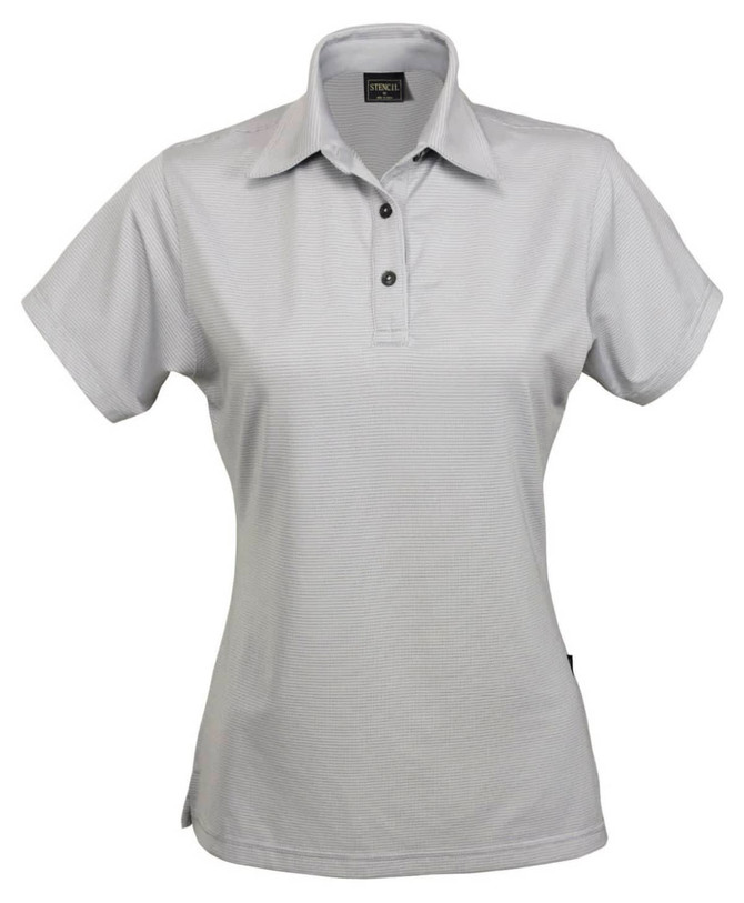 A light grey ladies' polo shirt with a collar, short sleeves, and a branded logo.