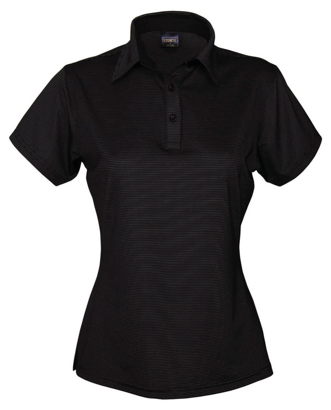 A black ladies' polo shirt featuring a button placket and an embroidered logo.