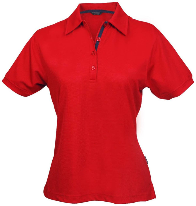 A red women's polo shirt with a collared neckline, buttons, and a logo on the side.