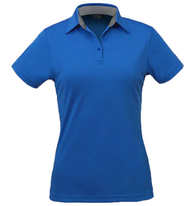 A blue polo shirt for ladies featuring a collar and a logo. Suitable for casual or smart casual wear.