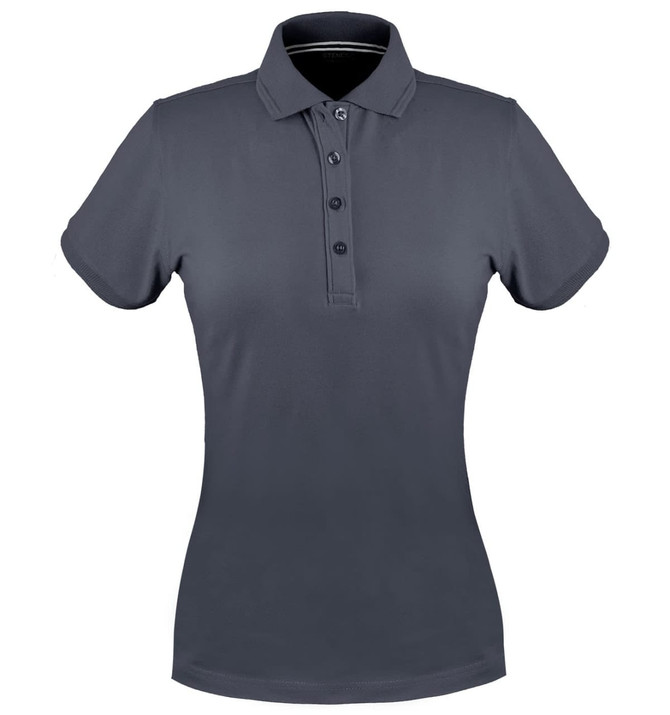 A ladies' polo shirt in a dark grey colour, featuring a collar and button placket, with a logo.