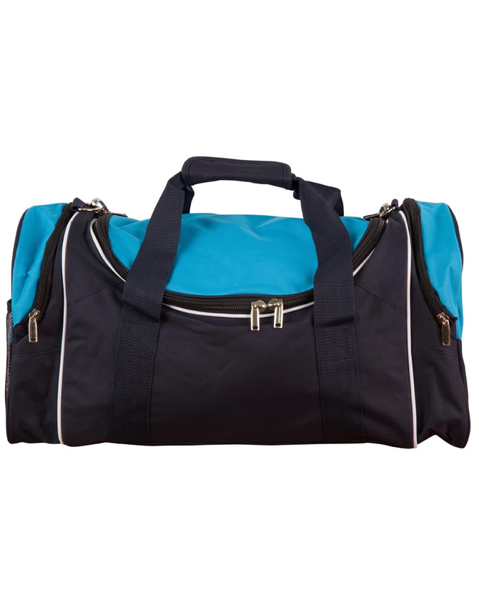 A duffle bag in navy blue and turquoise, featuring a zippered main compartment and carry handles. It has a logo.