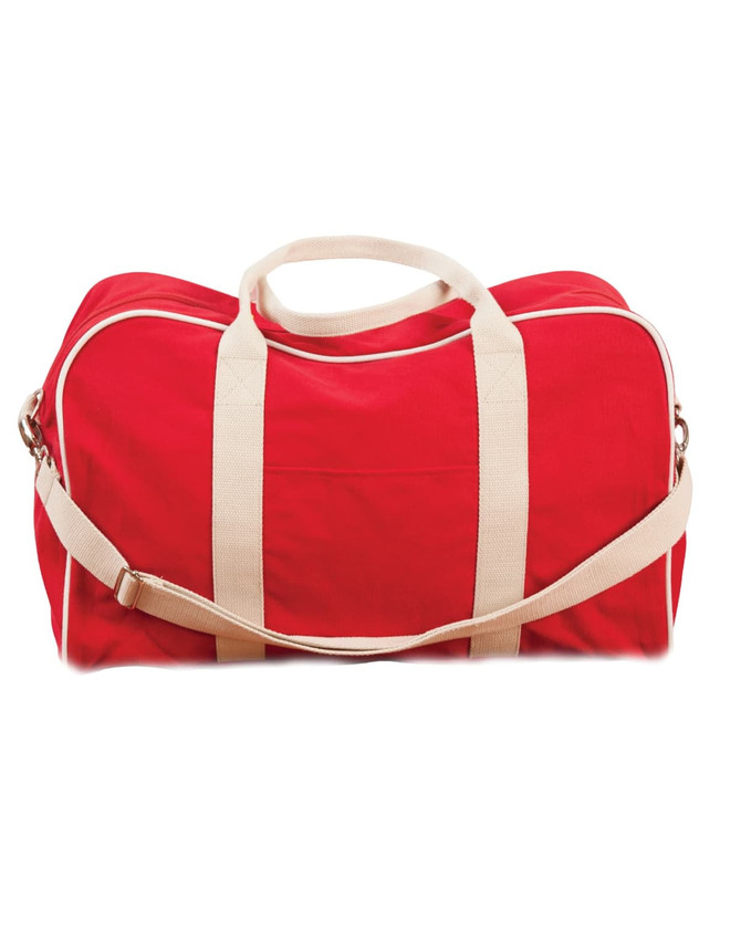 A red cotton canvas sports bag with cream-coloured handles and a detachable shoulder strap, featuring a logo.