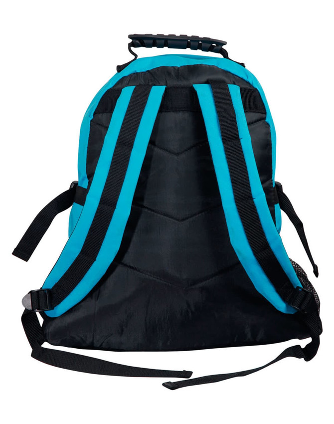 A black and teal backpack featuring adjustable straps and a top handle, with a logo on the back.