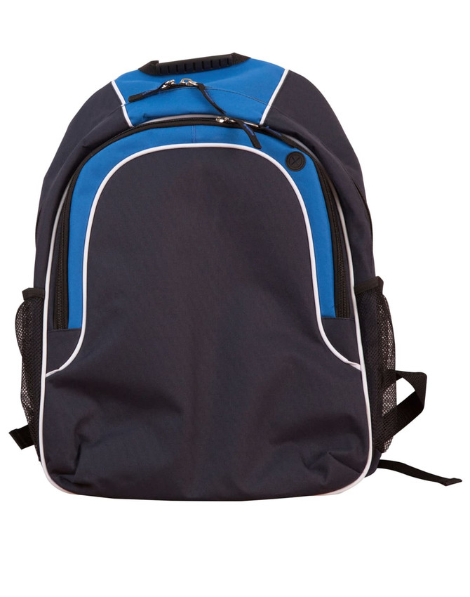 A dark grey backpack with blue accents and mesh side pockets, featuring a logo on the front.