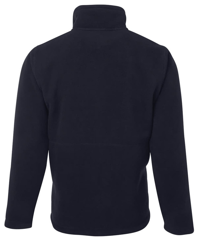 A black fleece jacket with a high collar and long sleeves, featuring a logo on the back.