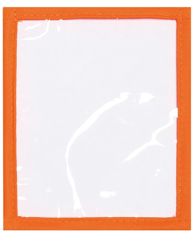 Loose plastic pocket in orange, designed for holding documents or cards. Features a clear front and an orange border.