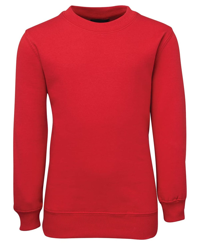 A red fleecy sweatshirt with long sleeves and a crew neckline, featuring a ribbed hem and cuffs.
