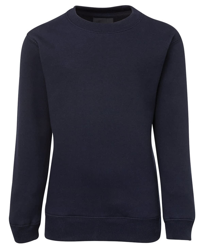 A navy fleece jumper with a round neckline and long sleeves. It has a branding logo.