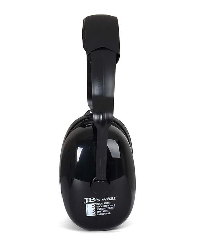 A pair of black ear muffs with a padded headband and a logo on the side.