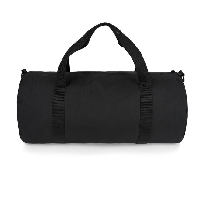 A black gym duffel bag with dual carrying handles and a rounded shape, featuring a branding logo.