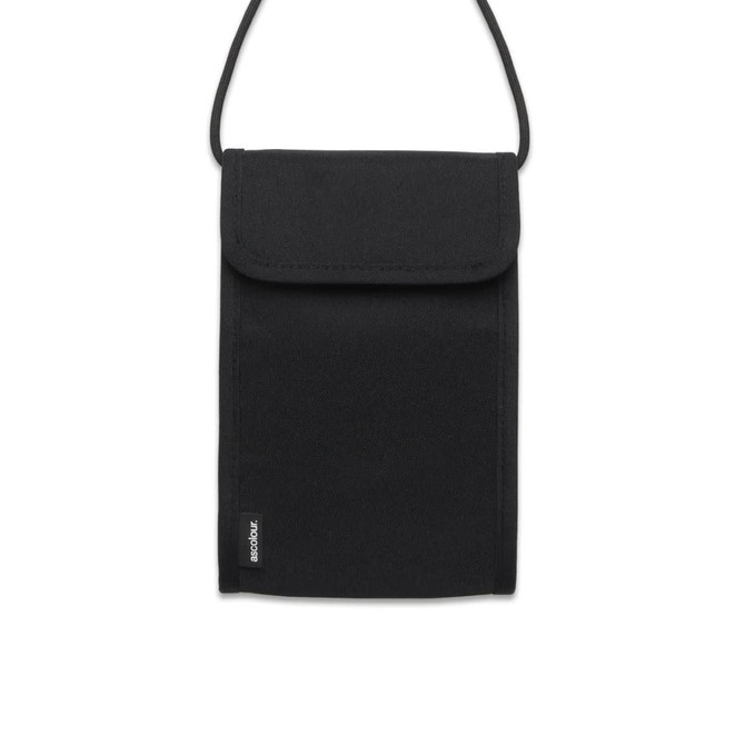 A black recycled phone bag with a flap closure and adjustable strap, featuring a logo.
