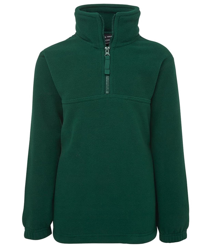 A green polar fleece jacket with a half-zip collar and long sleeves. It features a logo on the front.