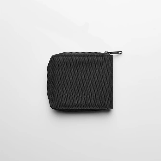 A black zip wallet with a textured surface, featuring a zip closure and a logo.