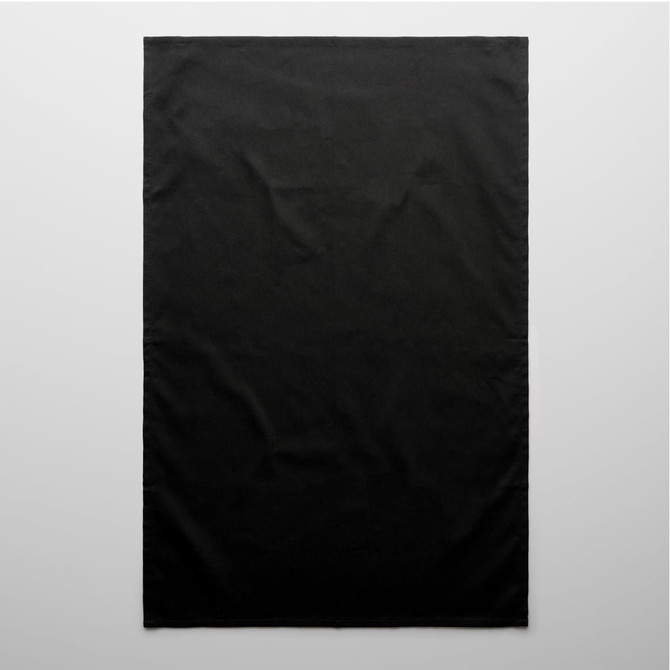 A black tea towel featuring a plain design and a small logo in the corner.