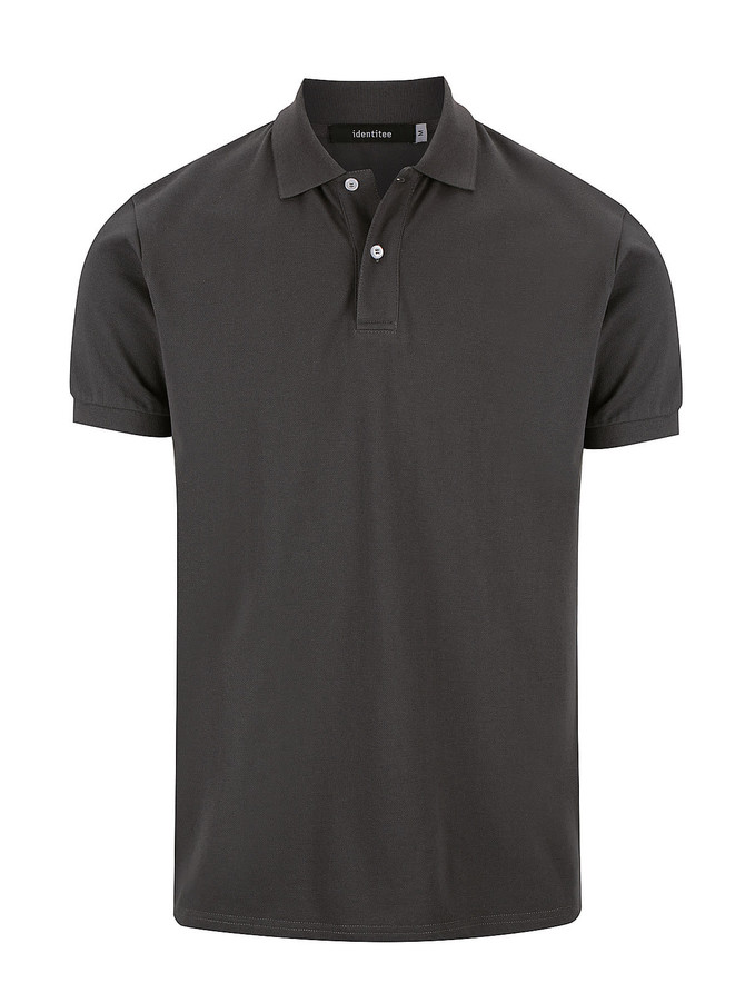 A black men's polo shirt featuring a classic collar and two-button placket, with a logo on the chest.