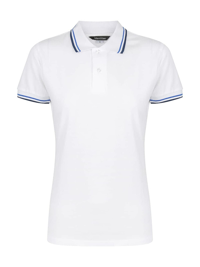 A white ladies' polo shirt with blue striped detailing on the collar and sleeves, featuring a logo.