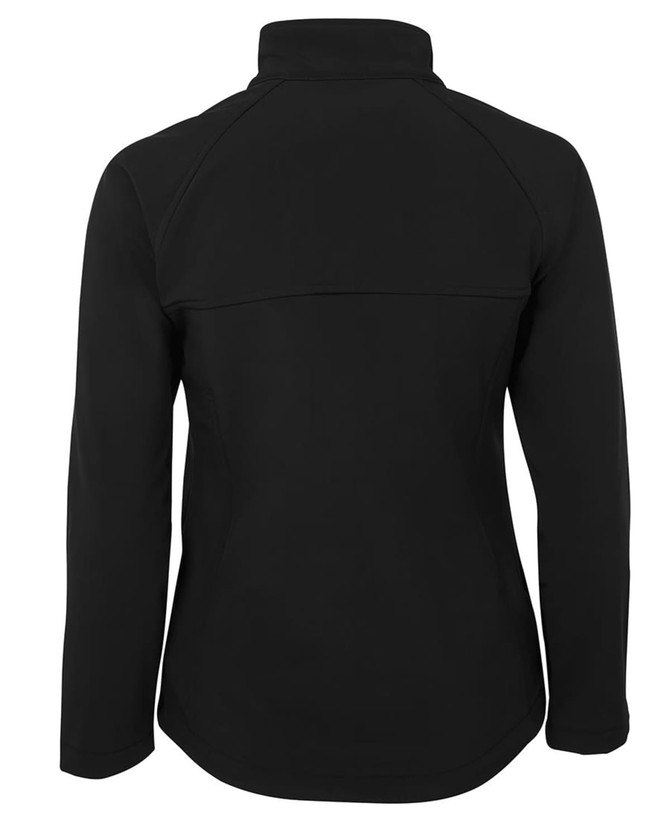 A black soft shell jacket with a high collar and a sleek design, featuring a logo on the back.