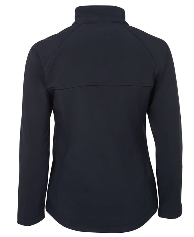 A women's softshell jacket in navy, featuring a high collar and a fitted design. It includes a branding logo.
