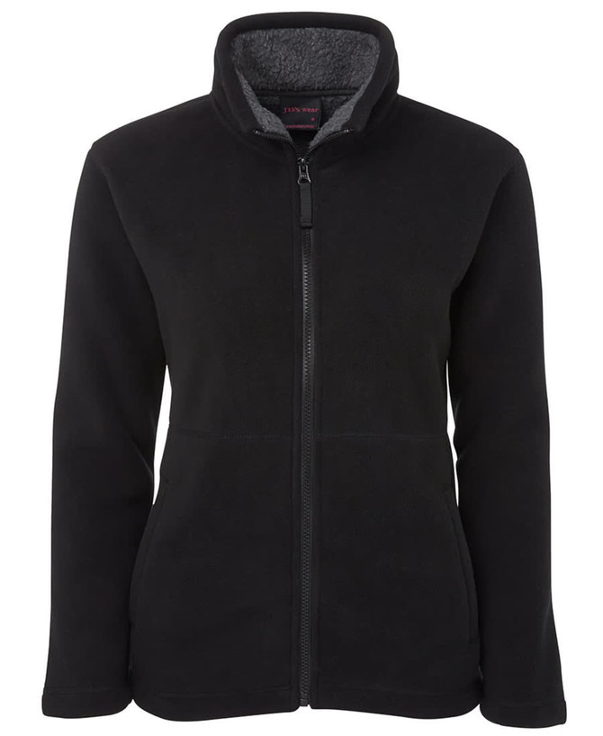 A black fleece jacket featuring a zip front, high collar, and a soft interior lining. It has a logo on it.