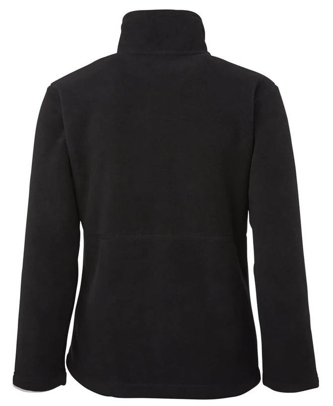 A black jacket with a high collar and long sleeves, featuring a simple design and a logo.