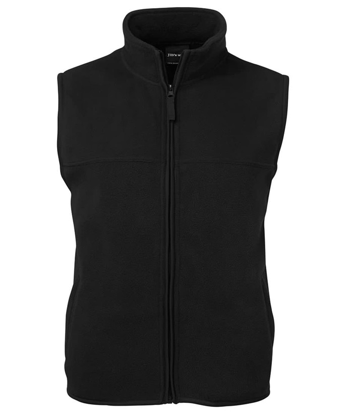 A black polar vest with a high collar and zip closure, featuring side pockets and a logo on the chest.