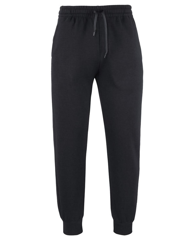 A pair of black track pants with an elasticated waistband and cuffs, featuring a drawstring and side pockets.