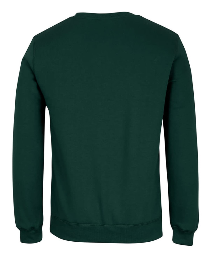 A green jumper with a crew neck and long sleeves, featuring a logo on the back.