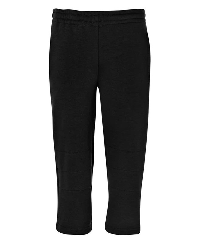 Black track pants with a smooth texture and a fitted design. Features an elastic waistband and subtle stitching details.