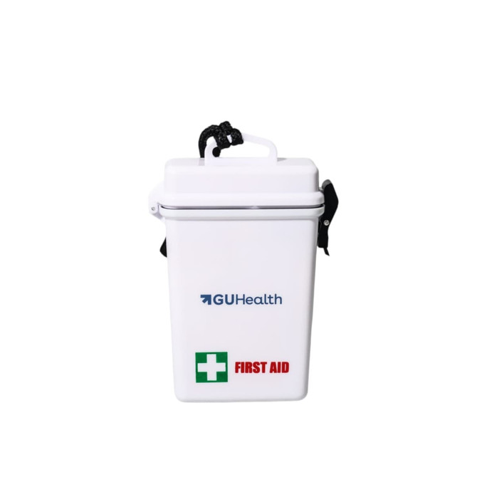 A waterproof white first aid kit with a handle, featuring a logo and a green cross symbol.
