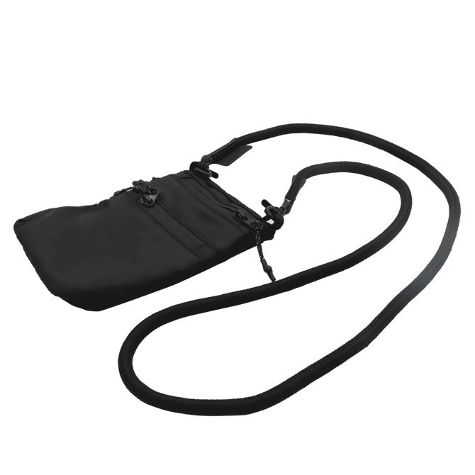 A black ripstop water-resistant pouch with a detachable strap for carrying, featuring zippers and a logo.