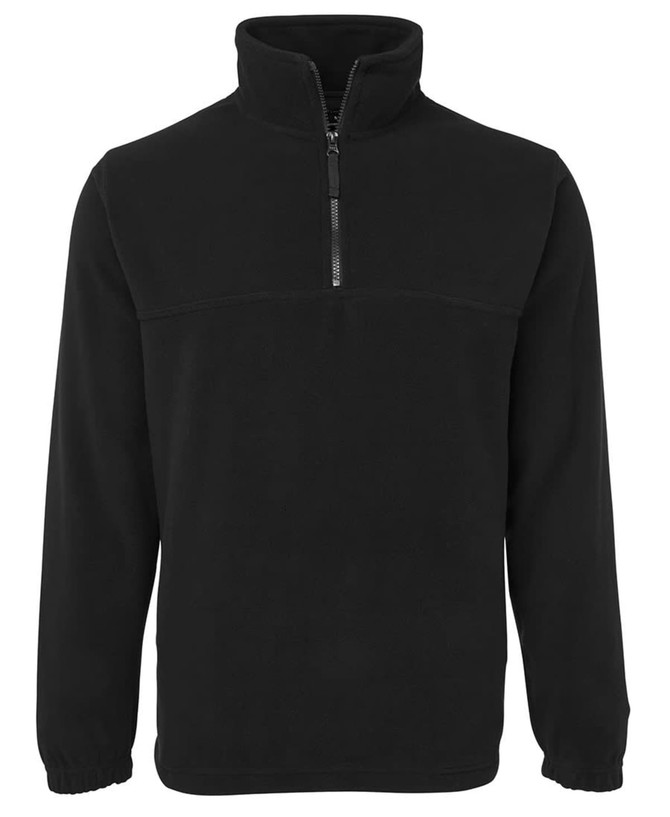 A black polar fleece jumper with a 1/2 zip collar and long sleeves, featuring a logo on the chest.