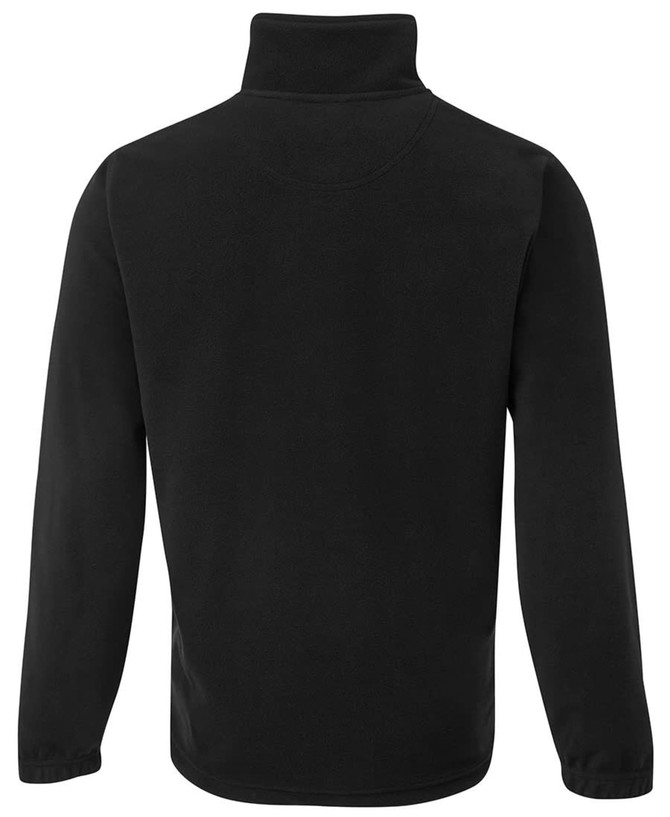 A black polar fleece jumper with a high neck and long sleeves, featuring a branding logo.
