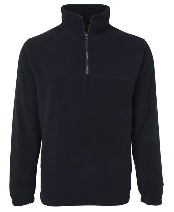 A black polar fleece jumper with a half zip and long sleeves, featuring a simple design and a logo.